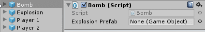 Выберите префаб Bomb в папке Prefabs и перетащите префаб Explosion в слот Explosion Prefab :